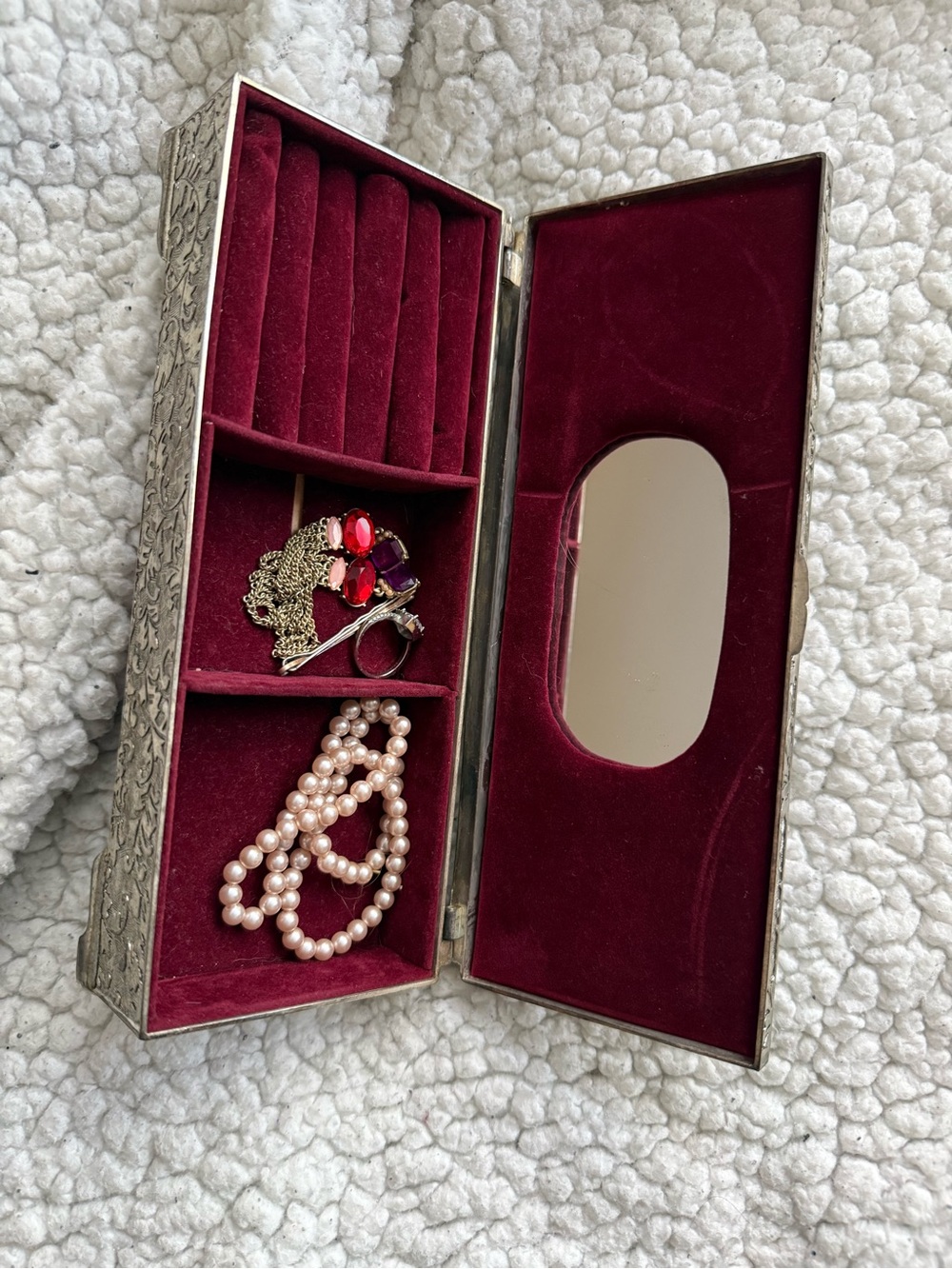 Vintage Velvet-Lined Jewelry Box with Mirror - Burgundy